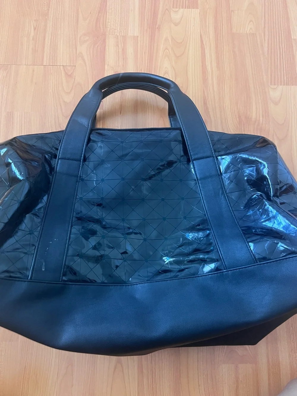Brandon Blackwood Patent Leather Geometric Patchwork Duffel Bag